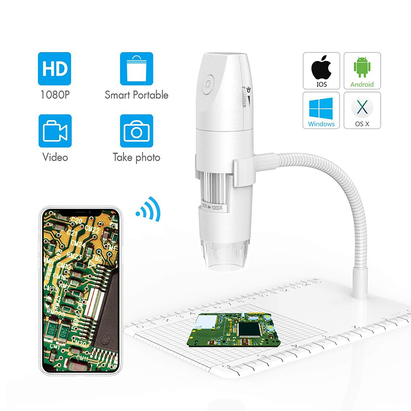 Microscope de WiFi 50X au microscope numérique sans fil 1000X, support d'observation de bras flexible avec appareil photo 1080p HD 2,0 MP 8 LED, mini microscope portatif pour PC Android iOS